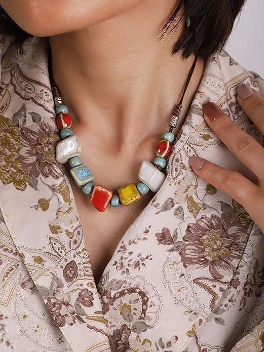 MINACHI Bohemian Hippie Colorful Ceramic Geometric Bead Strand Necklace, Vintage Boho Statement Jewelry Gift for Women