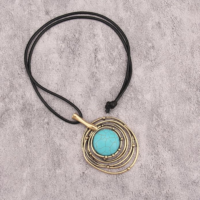 Boho Leather Necklace Women Bohemian Brown Circle Pendant Necklace Choker Long Necklaces for Women Boho Ring Large Pendant