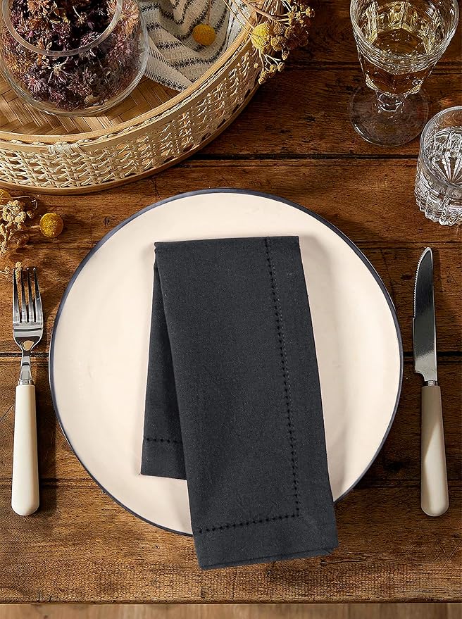 Palisa Cloth Dinner Napkins with Hemstitched Detailing & Mitered Corners Set of 12 (18x18 Inches) Charcoal - Cotton Reusable Dinner Napkins - Perfect for Weddings & Everyday Use