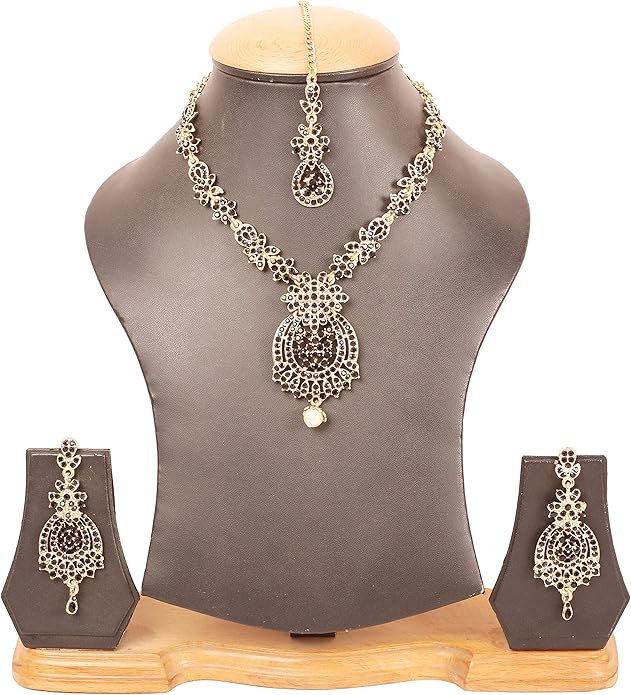 Touchstone Indian jewelry sets for women maang tikka wedding guest gold necklace bollywood jewellery set pageant elegant prom bride accessories western crystal chunky rhinestone necklaces