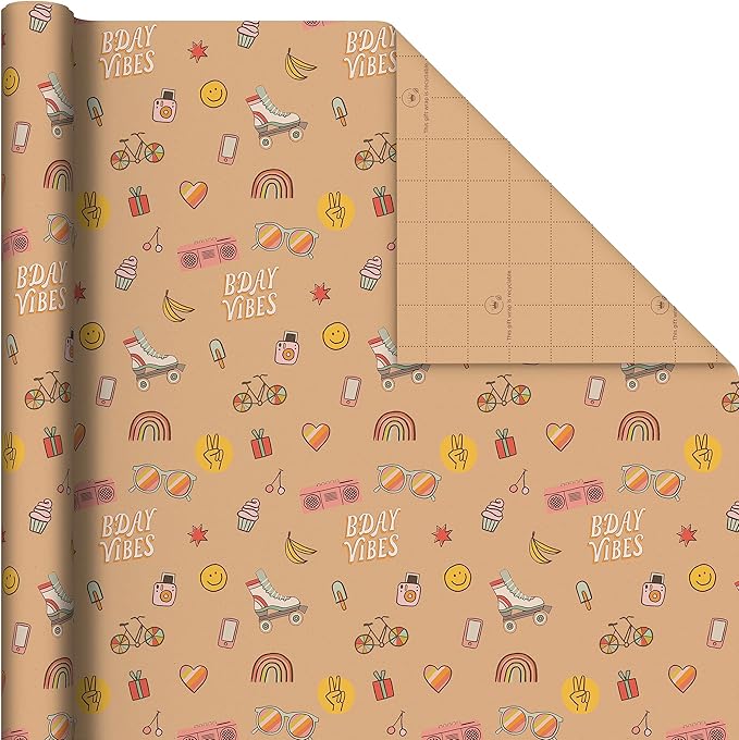 Hallmark Birthday Wrapping Paper, Recyclable Brown Kraft Gift Wrap (3 Rolls: 60 sq. ft. ttl) Kids Birthday, Retro Icons, Roller Skates, Skateboard