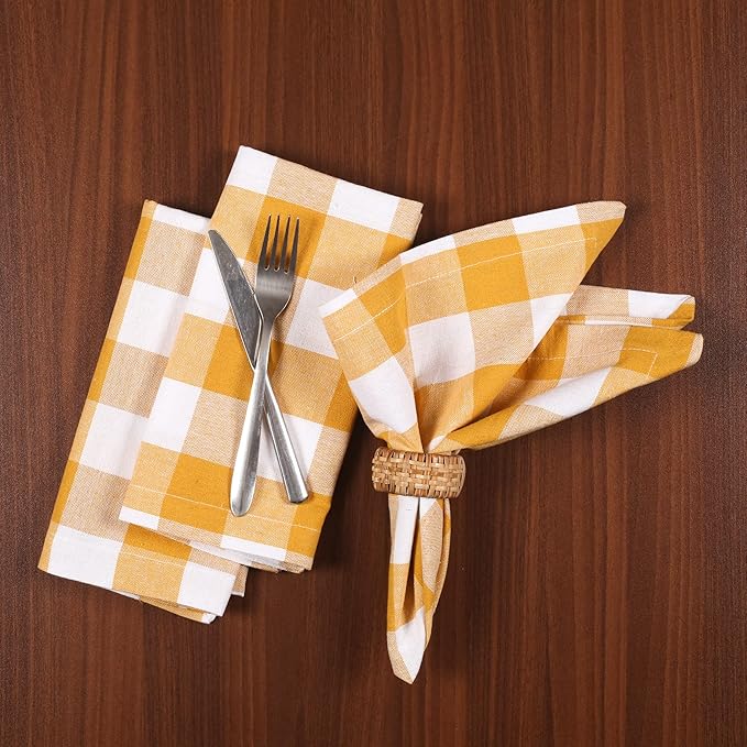 LFH Home Buffalo Check Cloth Dinner Napkins Set of 12, Cotton Napkins, 100% Cotton Checkered Wedding Christmas New Year Dinner Napkins with Mitered Corners and Generous Hem - 18 x 18 Mustard White