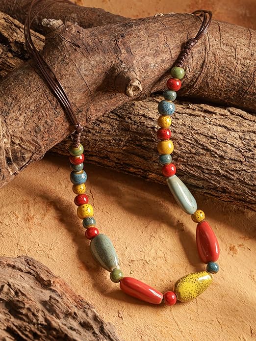 MINACHI Boho Hippie Round Ceramic Beads Strand Necklace, Vintage Bohemian Summer Beach Jewelry Gift for Women