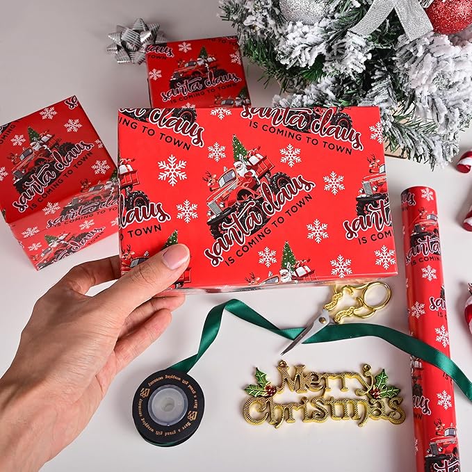 Vnaaem Reversible Monster Truck Christmas Wrapping Paper Roll for Kids Men - Red Xmas Truck, Santa Claus & Merry Christmas Lettering Design Gift Wrap for Holiday Party Celebration, DIY Craft - 17 In X 20 Ft(Total 28.5sq.ft)