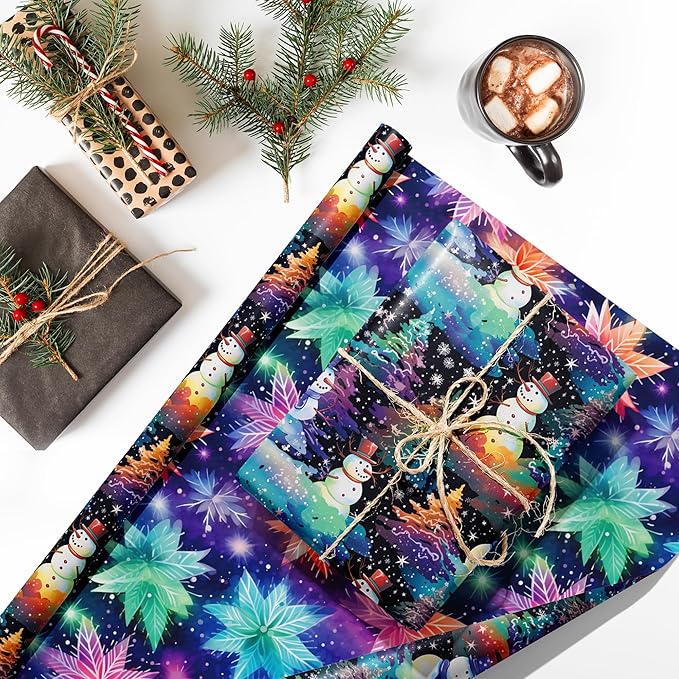 Vnaaem Chrismas Wrapping Paper Roll for Kids Boys Girls - Cute Rainbow Xmas Gift Wrap with Snowman Snowflake Design for Holiday Winter Birthday DIY Craft Party(Total 28.5sq.ft)