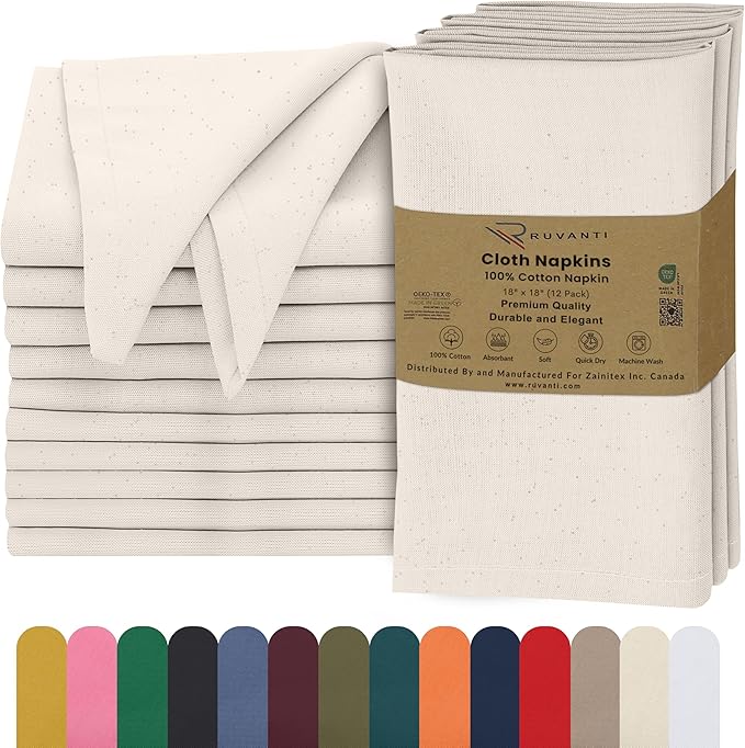 Ruvanti Cloth Napkins Set of 12, 18x18 Inches, Napkin Cloth Washable, Soft & ‎Absorbent 100% Cotton Napkins, Perfect for Wedding, Christmas, ‎Thanksgiving, and Dinner - Natural Color