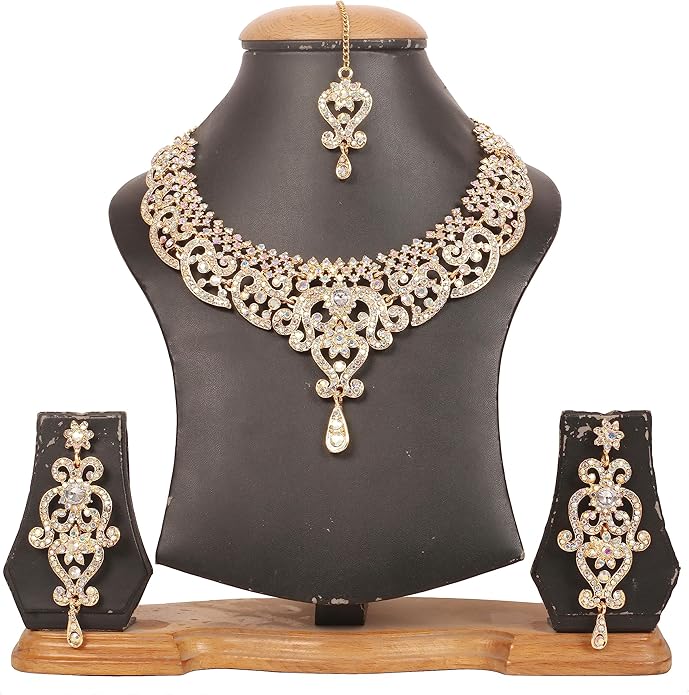 Touchstone Indian jewelry set for women bollywood gold jewellery wedding outfits necklace sets earrings bridal maang tikka fancy costume girls big desi accessories rhinestone in gold or silver tone