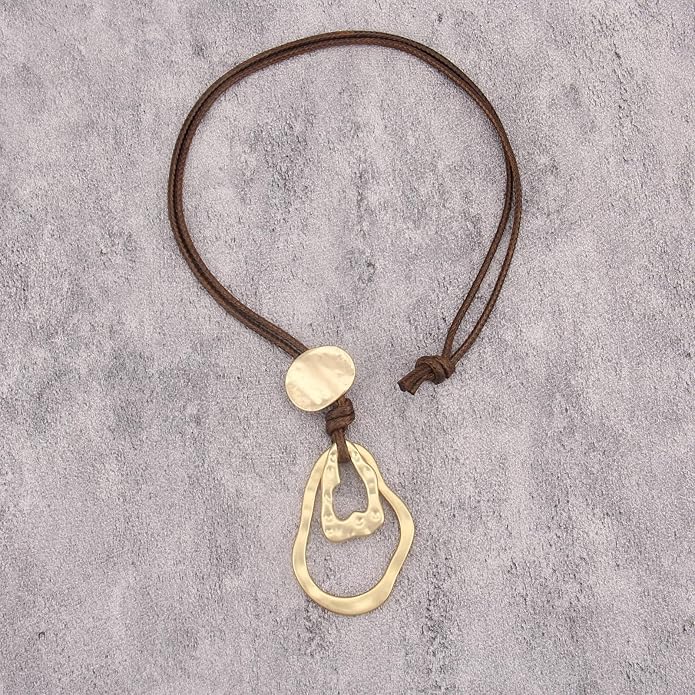 Boho Leather Necklace Women Bohemian Brown Circle Pendant Necklace Choker Long Necklaces for Women Boho Ring Large Pendant