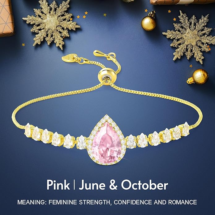 Linawe Crystal Imitation Diamond Rhinestone Charm Bracelets for Women, Gold/Silver/Rose Gold Adjustable Chain Bracelet, Teardrop Birthstone Cubic Zirconia Prom Costume Wedding Jewelry