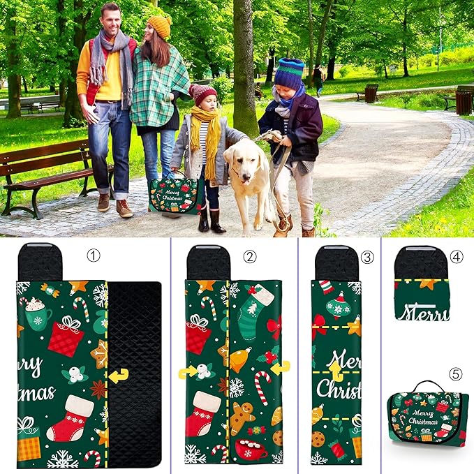 Poedist Extra Large Christmas Picnic Blanket Waterproof,80"x 80"Foldable Machine Washable Beach Blanket,Outdoor Blanket for 6-8 Adults,Suitable for Crawling,Park Beach,Camping,Hiking,Family