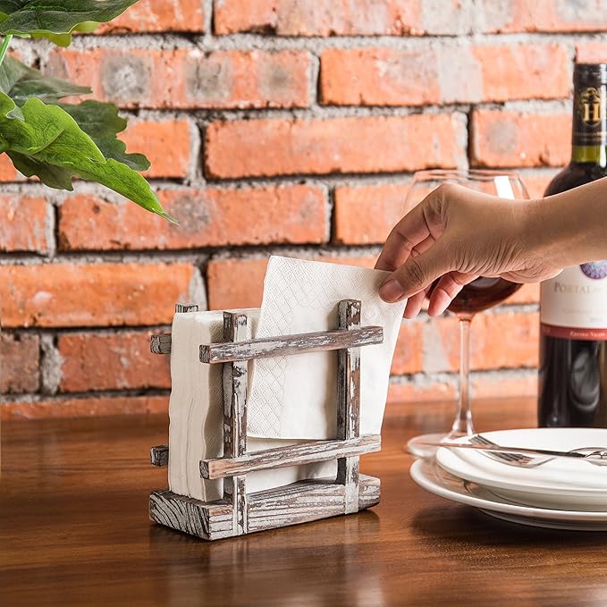 MyGift Farmhouse Rustic Torched Wood Napkin Holder for Table with Cross-Corner Design
