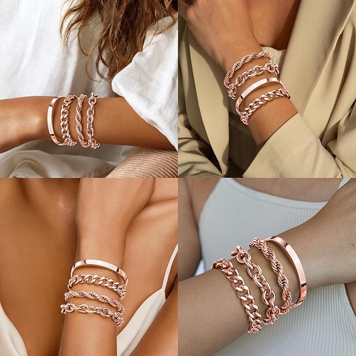 Chunky Gold Bracelets Stack for Women Non Tarnish, Waterproof 14K Gold Plated Bangle Cuff Bracelets Set for Women Trendy Thick Layered Cuban Link Chain Paperclip Rope Stackable Bracelet for Jewelry Gifts