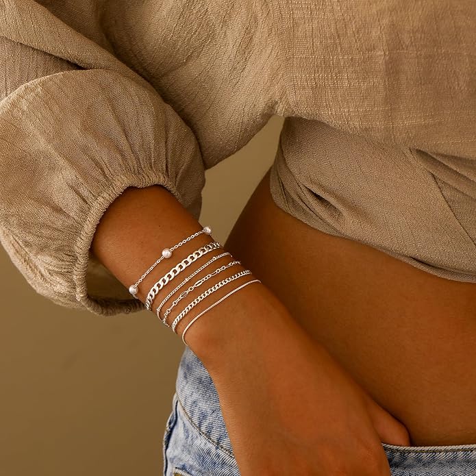 MBW Gold Bracelets for Women Trendy, Dainty 14K Gold Plated Bracelet Stack Beaded Chain Bracelet Set Thin Small Cute Paperclip Bracelets Fashion Waterproof Jewelry Gift Gold Accessories for Women