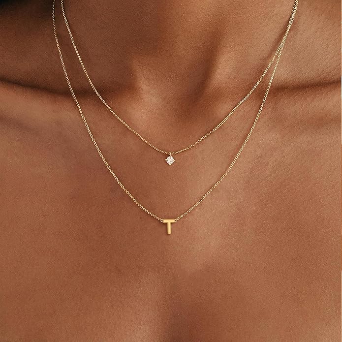 Layered Initial Necklaces for Women, 14k Gold Plated Letter Necklace Set Dainty Gold Initial Necklace Stack Cute Layering Choker Necklaces for Women Trendy Fashion Jewelry