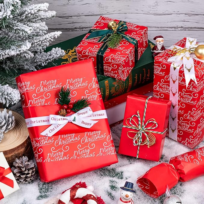 WRAPAHOLIC 30 Inch Jumbo Reversible Red Christmas Wrapping Paper - 30 Inch x 100 Feet Jumbo Roll Merry Christmas and Solid Red Wrapping Paper for Holiday, Party Celebration