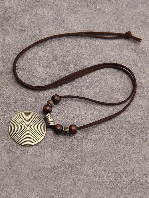 GelConnie Boho Necklaces for Women Vintage Silver Circles Long Pendant Necklace Cowgirl Sweater Necklace Adjustable Leather Choker Necklace for Women