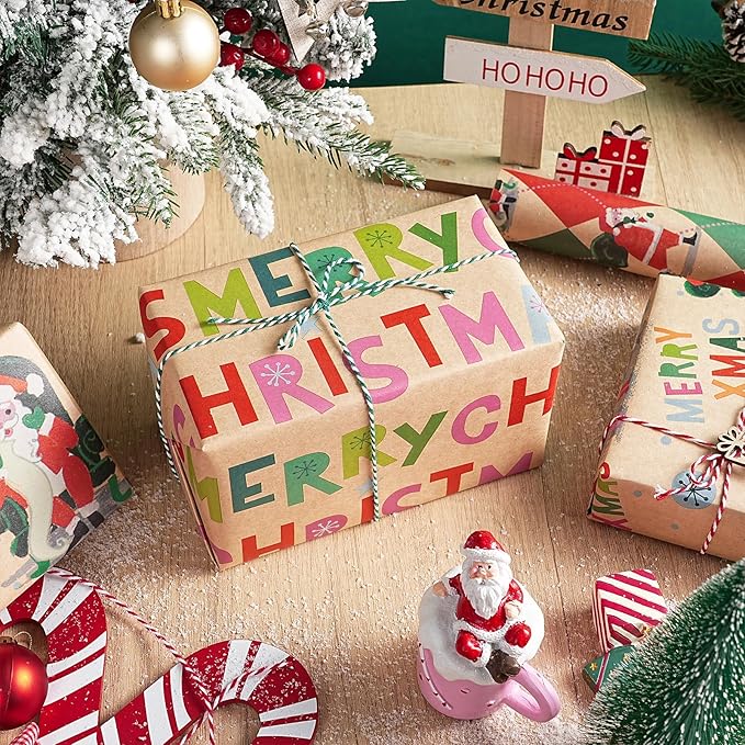 RUSPEPA Christmas Wrapping Paper Roll Set, Mini Rolls, Vintage Santa, Merry Christmas Text and Holiday Scenes Design Gift Wrap for Kids, Adults and Holiday, 3 Rolls, 17 inches x 10 feet per Roll