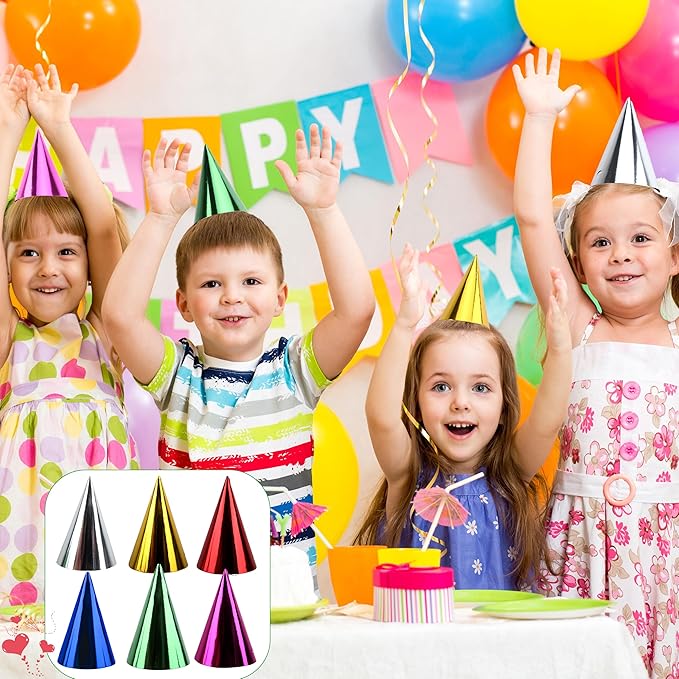 60 Pieces Paper Cone Party Hats Colorful Metallic Foil Birthday Cone Hats for Kids Adults Birthday New Year Party Supplies, 6 Colors