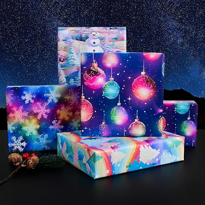 Vnaaem Christmas Wrapping Paper for Boys Girls Kids - Colorful Rainbow Xmas Gift Wrap with Snowman Tree Ball Snowflakes Design for Holiday Winter Paty - 20 x 28Inches Per Sheet(8 Pack)