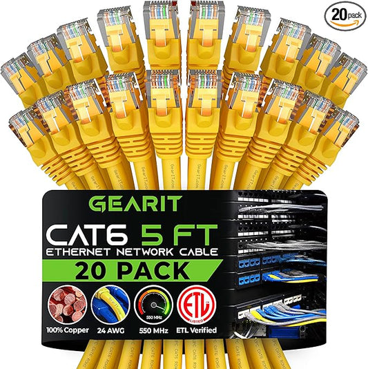 GearIT Cat 6 Ethernet Cable (20-Pack 5 Feet) Cat6 Network Patch, 10Gbps, RJ45, Snagless Cord, Gold-Plated Connectors, Internet for PC, TV, Tablet, Router, Printer, Servers, IT Data Center - Yellow