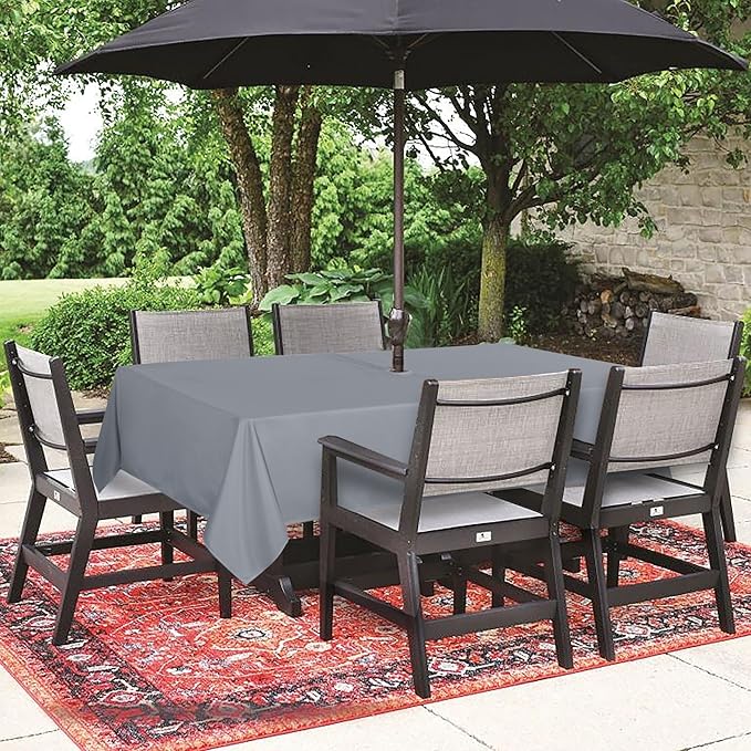 SARAFLORA Outdoor and Indoor Tablecloth -60x120 inch Silver, Wrinkle Free Washable Waterproof Table Cloth with Umbrella Hole and Zipper Rectangle Table Cover for Spring/Summer/Patio/Picnic/BBQS/Party