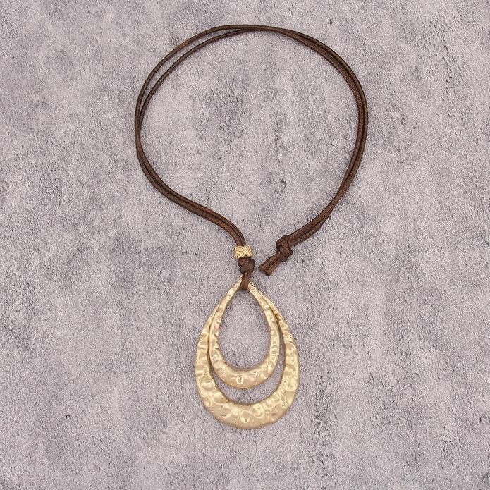 Boho Leather Necklace Women Bohemian Brown Circle Pendant Necklace Choker Long Necklaces for Women Boho Ring Large Pendant