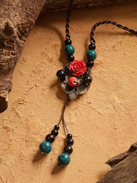 MINACHI Vintage Bohemian Colorful Ceramic Bead Antique Flower Y Necklace, Vintage Boho Hippie Statement Jewelry Gift for Women