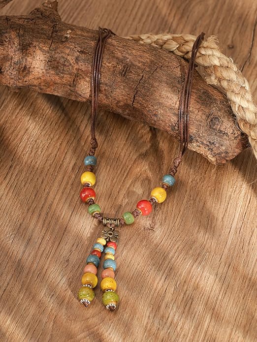 MINACHI Vintage Bohemian Colorful Ceramic Bead Antique Flower Y Necklace, Vintage Boho Hippie Statement Jewelry Gift for Women