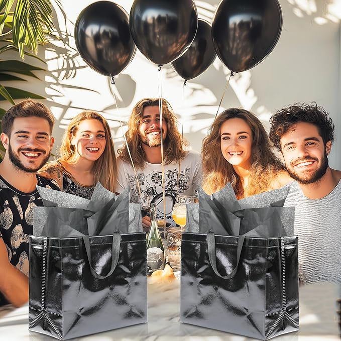 KeerxunBag 12Pcs Reusable Gift Bags（Includes Tissue Paper） Gift bag with handle Birthdays Parties Holidays Weddings Medium 13x5x11in Black Gift Bags