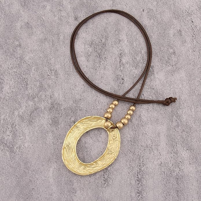 Boho Leather Necklace Women Bohemian Brown Circle Pendant Necklace Choker Long Necklaces for Women Boho Ring Large Pendant