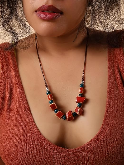 MINACHI Bohemian Hippie Colorful Ceramic Geometric Bead Strand Necklace, Vintage Boho Statement Jewelry Gift for Women