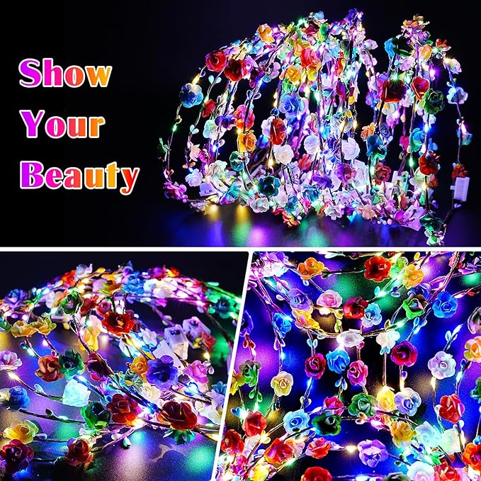 24 PCS LED Flower Crowns Headbands, Light Up Flower Crowns for Women & Girls, Glow in The Dark Flower Hairbands Wreath for Wedding Beach Party Birthday Cosplay Gifts, Halloween, Christmas