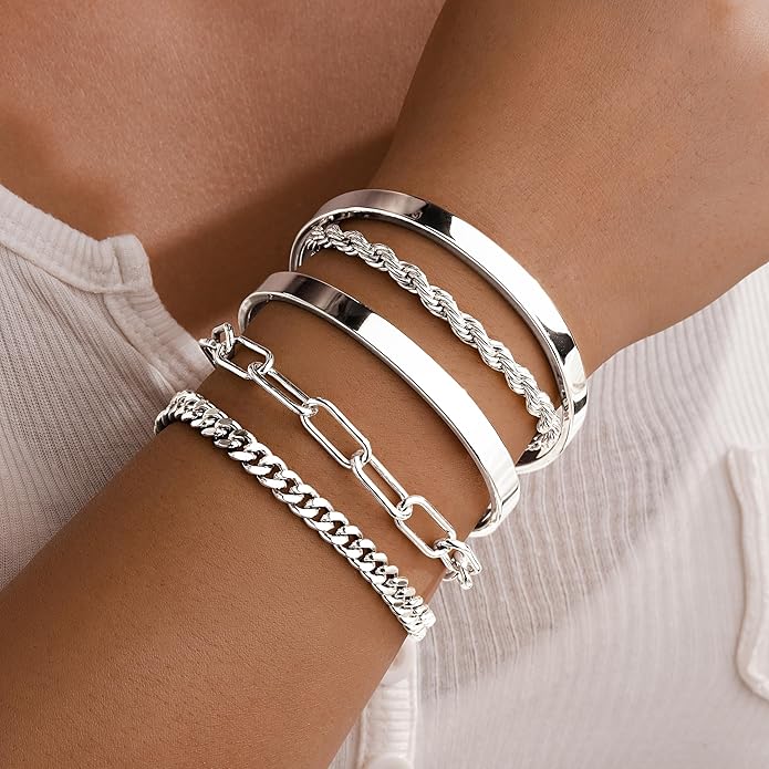 Gold Bracelets Set for Women Non Tarnish, 14K Gold Plated Sterling Silver Chunky Cuff Bracelet Stackable Gold Bangles Bracelet for Women Trendy Fashion Accessories Tie Knot Cuban Rope Paperclip Beaded Bracelet Stack Jewelry Valentines Day Gifts