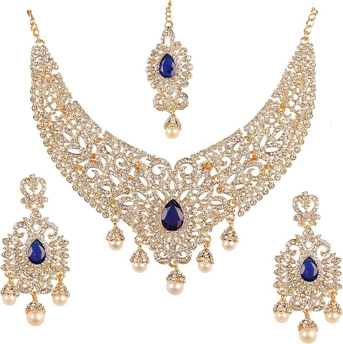 Touchstone Indian jewelry sets for women tikka wedding necklace costume guest statement bollywood rhinestones crystal faux pearls gold big royal neck piece set bridal fashion accessories