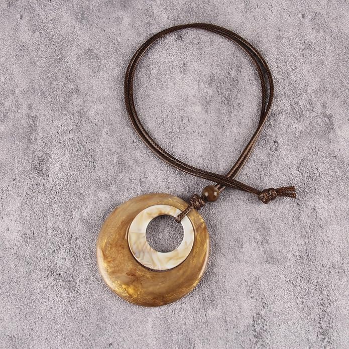 Boho Leather Necklace Women Bohemian Brown Circle Pendant Necklace Choker Long Necklaces for Women Boho Ring Large Pendant