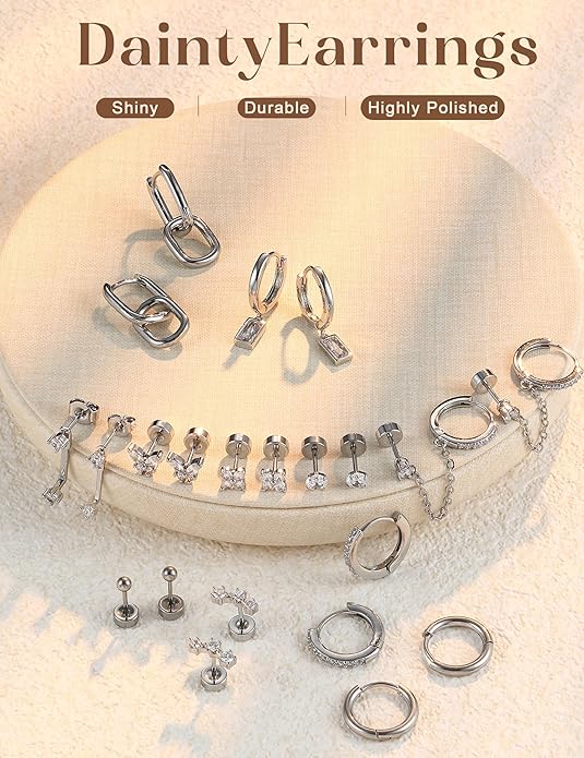 HAIAISO Small 14K Gold Plated Huggie Hoop Earrings for Women Lightweight Double Piercing Chain Earrings Dainty Stud Earrings Hypoallergenic 14K Gold Plated Hoop Earrings Set