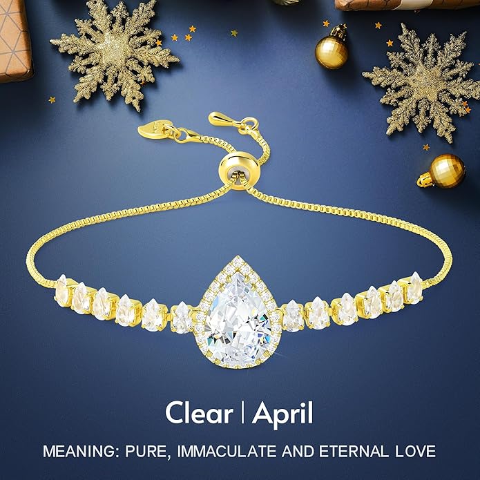 Linawe Crystal Imitation Diamond Rhinestone Charm Bracelets for Women, Gold/Silver/Rose Gold Adjustable Chain Bracelet, Teardrop Birthstone Cubic Zirconia Prom Costume Wedding Jewelry