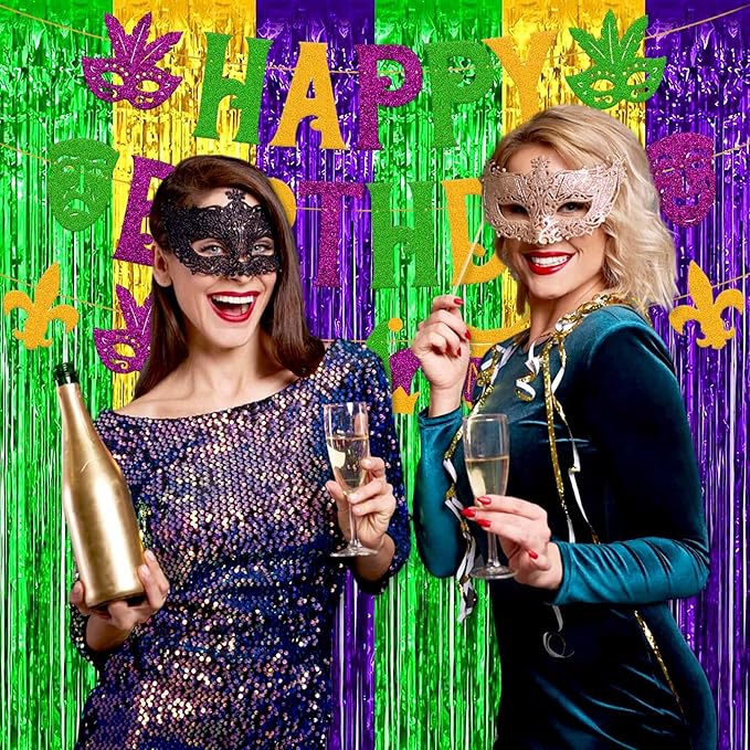 3 Pack Gold Green Purple Foil Fringe Curtains Backdrop, 3.28 x 8.2 Ft Metallic Streamers Tinsel Curtains Background for Photo Booth, Birthday, Halloween, Christmas, New Year Party Decorations