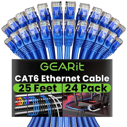 GEARit Cat 6 Ethernet Cable Pack - 24-Pack 25 ft Cat6 Ethernet Patch Cables | RJ45 Network Patch Cable, 10 Gbps Snagless Gold-Plated Connectors - Ethernet Cable Cat 6 for PC, TV, Router - Blue