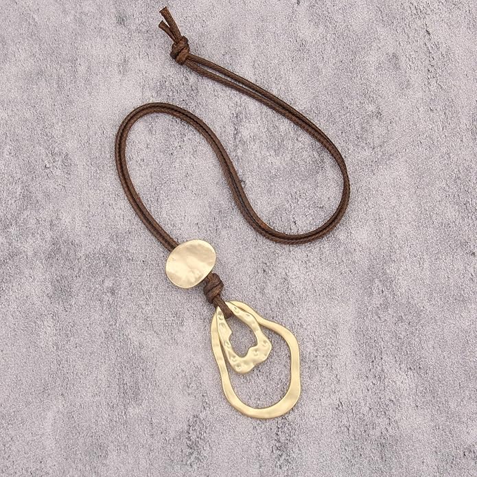 Boho Leather Necklace Women Bohemian Brown Circle Pendant Necklace Choker Long Necklaces for Women Boho Ring Large Pendant