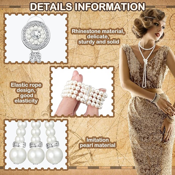 Maitys 3 Pcs 1920s Pearl Jewelry Set Includes Vintage Flapper Earrings Multilayer Imitation Pearl Necklace Bracelet for Women