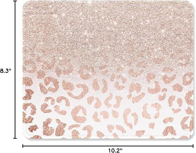 ITNRSIIET Mouse Pad with Stitched Edge Premium Textured Smooth Precise Operation Waterproof Washable Non-Slip Rubber Base Desktop Protection Mat, 10.2×8.3×0.12 inches, Rose Gold Leopard Print