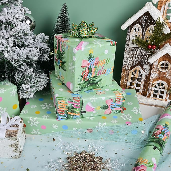 Vnaaem Reversible Green Christmas Wrapping Paper Roll - Happy Holiday Text, Santa hats & Polka Dots Design Gift Wrap for Holiday Party Celebration, DIY Craft - 17 In X 20 Ft(Total 28.5sq.ft)