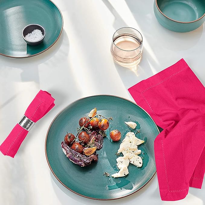 Palisa Cloth Dinner Napkins with Hemstitched Detailing & Mitered Corners Set of 4 (18x18 Inches) Hot Pink - Cotton Reusable Dinner Napkins for Valentines Day, Table Linen for Weddings & Everyday Use