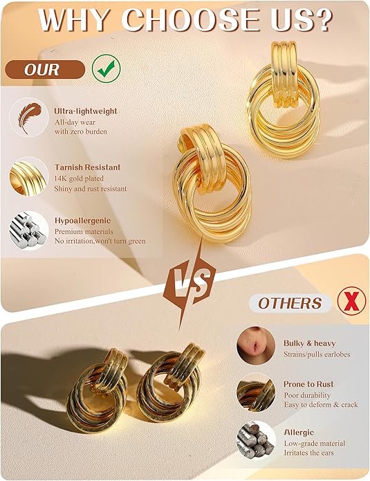 14K Gold Plated Knot Statement Earrings for Women Hypoallergenic Chunky Drop Dangle Earrings - Lightweight Fashion Accessories Gold Jewelry Gifts for Womens Trendy