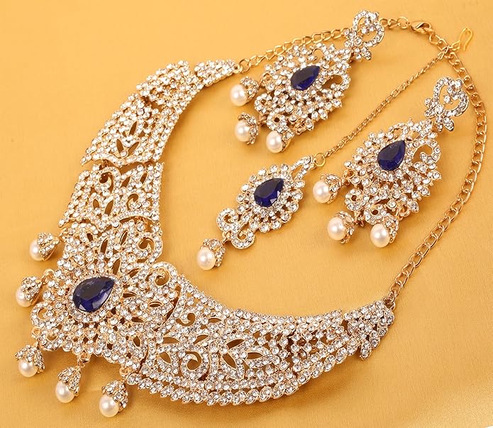 Touchstone Indian jewelry sets for women tikka wedding necklace costume guest statement bollywood rhinestones crystal faux pearls gold big royal neck piece set bridal fashion accessories