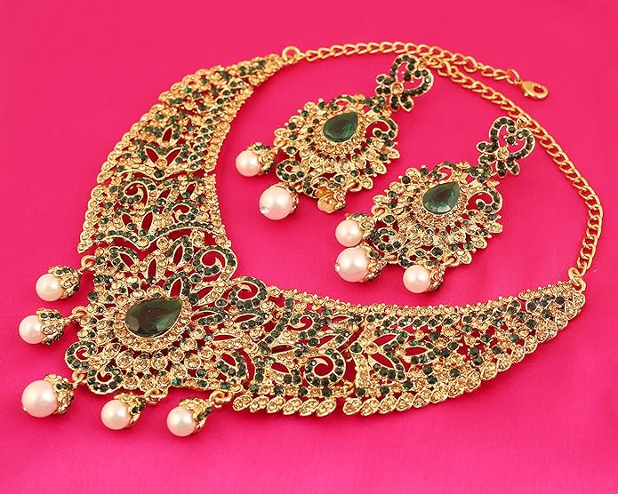 Touchstone Indian jewelry sets for women tikka wedding necklace costume guest statement bollywood rhinestones crystal faux pearls gold big royal neck piece set bridal fashion accessories