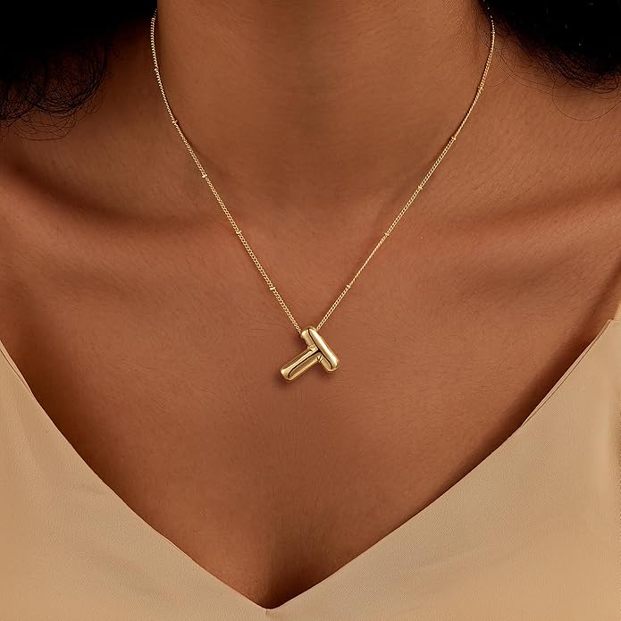 Inerney Valentines Day Gifts Gold Bubble Letter Necklace Initial Necklaces for Women, Chunky 14K Plated Balloon Initials, Trendy Charm Non Tarnish Custom Name Pendant Jewelry Gifts for Mom