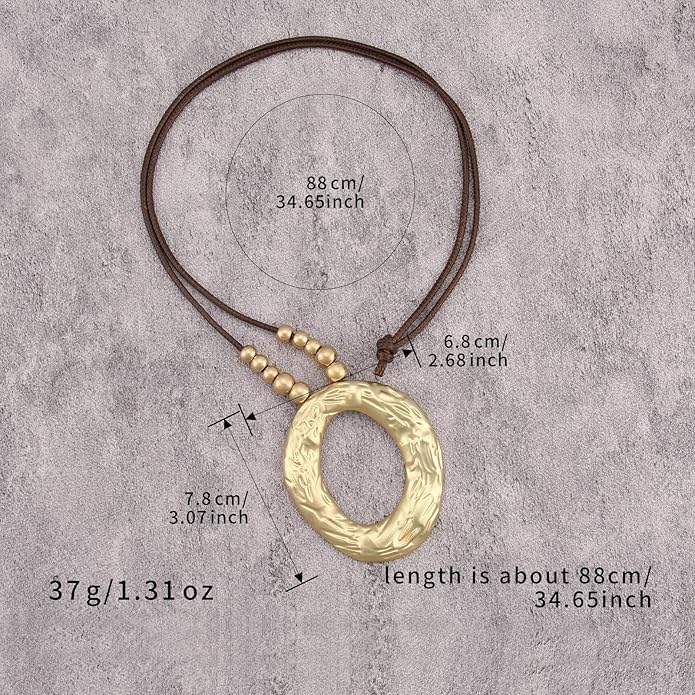 Boho Leather Necklace Women Bohemian Brown Circle Pendant Necklace Choker Long Necklaces for Women Boho Ring Large Pendant