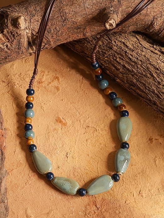 MINACHI Boho Hippie Round Ceramic Beads Strand Necklace, Vintage Bohemian Summer Beach Jewelry Gift for Women